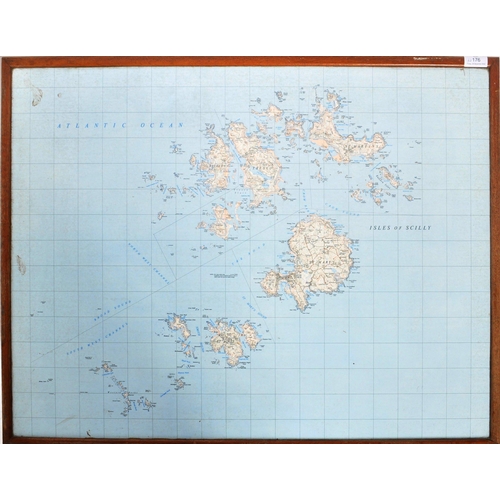 176 - A matching pair of mid 20th Century map coffee tables / low tables. Each having oak frames with maps... 