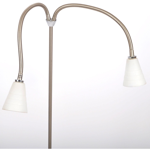 181 - A late 20th Century Swedish lamp standard having two gooseneck adjustable arms with with frosted gla... 