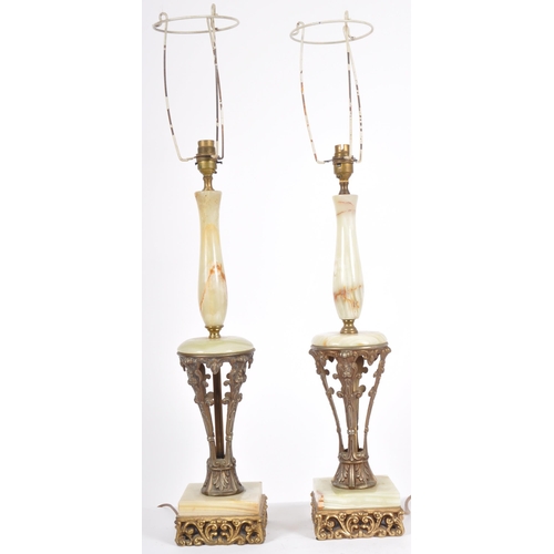 202 - A matching pair of 20th Century Italian influence Hollywood Regency brass and alabaster table lamp l... 