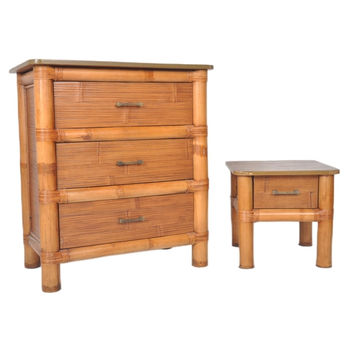 22 - A contemporary faux bamboo three drawer chest of drawers together with a matching two drawer bedside... 