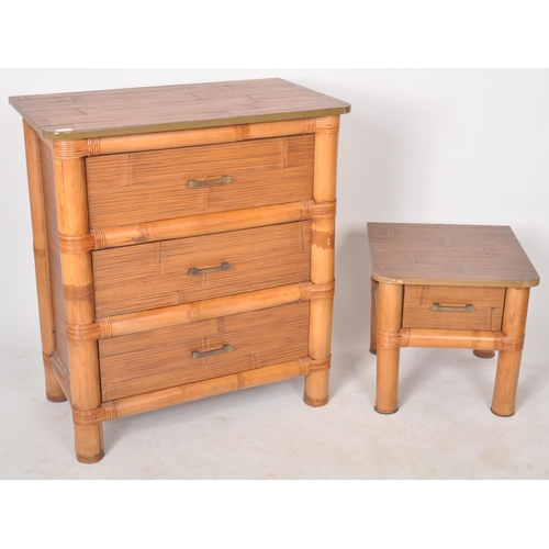 22 - A contemporary faux bamboo three drawer chest of drawers together with a matching two drawer bedside... 