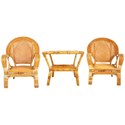 234 - A matching pair of retro 20th Century bamboo armchairs and matching side table / coffee table. Each ... 