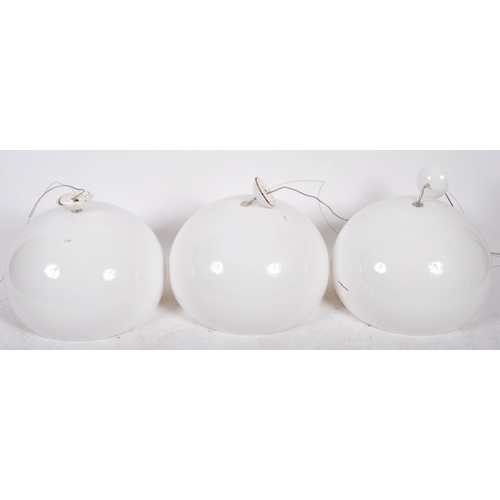 285 - A matching set of three large Contemporary white Perspex hanging ceiling lights each with large bulb... 