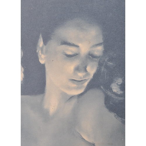 289 - A retro mid 20th Century portrait print on board depicting a nude lady. Set within a mid Century fra... 