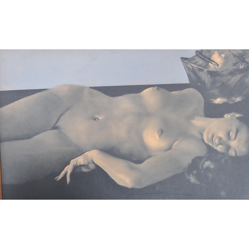 289 - A retro mid 20th Century portrait print on board depicting a nude lady. Set within a mid Century fra... 