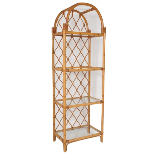 292 - A retro vintage 20th Century bamboo and cane upright bookcase / display shelves having a domed top w... 