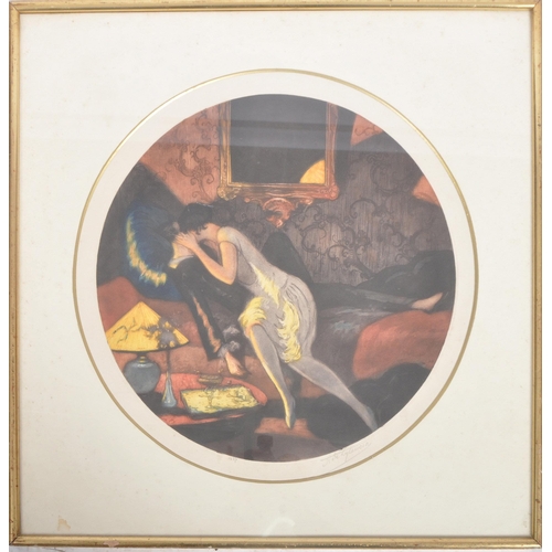 299 - A vintage early 20th Century French coloured etching depicting two lovers. Circular plate signed to ... 