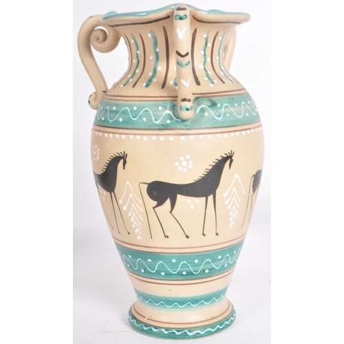 301 - Two retro 20th Century 1960s Italian Alla Moda vases one of Greek influence with stylized horses and... 