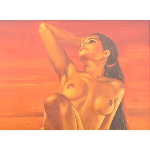 309 - A retro mid 20th Century portrait print on board depicting a reclining nude lady with orange tones t... 