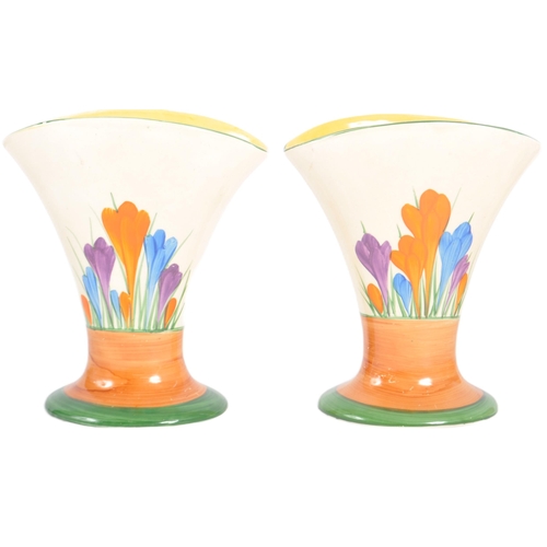 336 - Clarice Cliff - Crocus - A matching pair of vintage 20th Century 1930s Art Deco vases. Each vase han... 