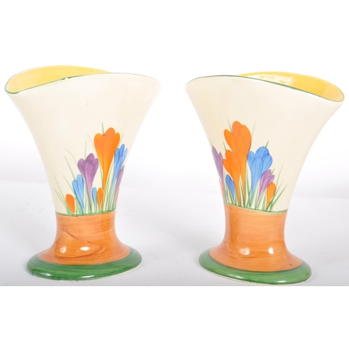 336 - Clarice Cliff - Crocus - A matching pair of vintage 20th Century 1930s Art Deco vases. Each vase han... 