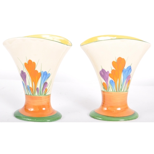 336 - Clarice Cliff - Crocus - A matching pair of vintage 20th Century 1930s Art Deco vases. Each vase han... 