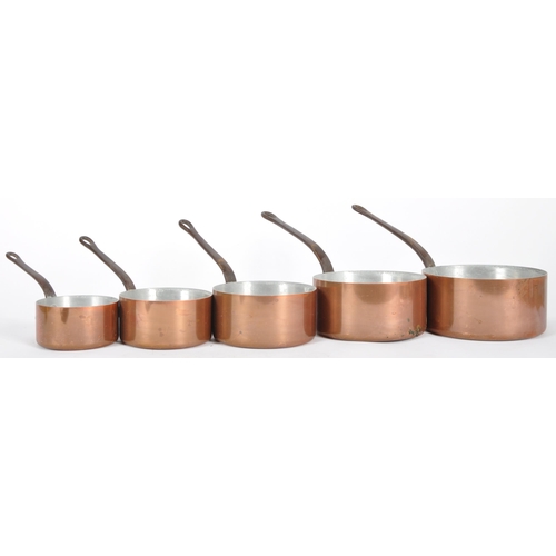 343 - A matching set five vintage 20th Century French copper saucepans of typical form each having wrought... 