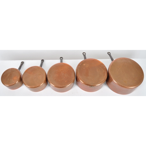 343 - A matching set five vintage 20th Century French copper saucepans of typical form each having wrought... 