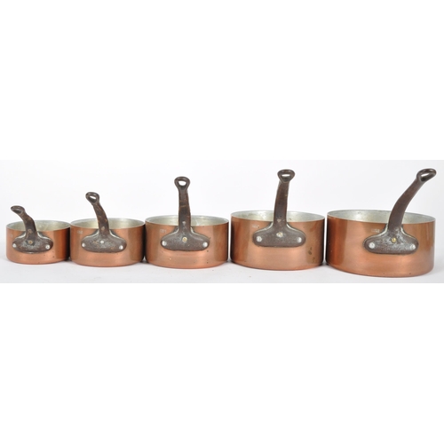 343 - A matching set five vintage 20th Century French copper saucepans of typical form each having wrought... 