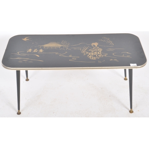 37 - A retro mid 20th Century faux Japanese lacquer coffee table / low table having a glass top with blac... 