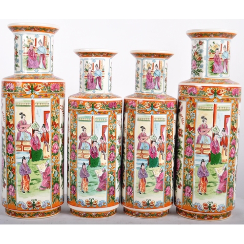 386 - A matching set of four large vintage 20th Century Chinese famille rose decorated bottle vase. each v... 