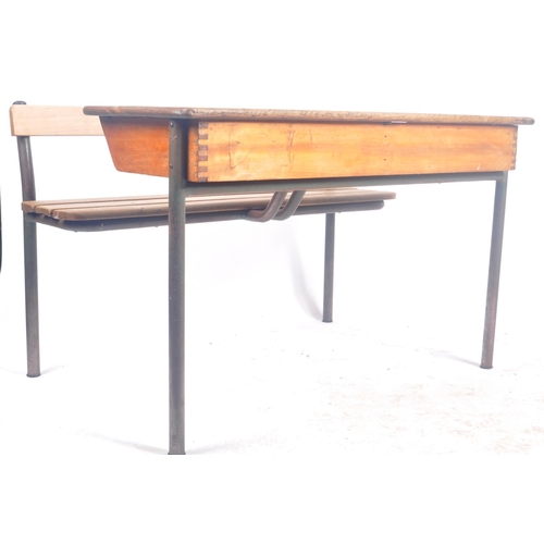 452 - A matching pair of retro vintage mid 20th Century French school desk benches with each comprising of... 