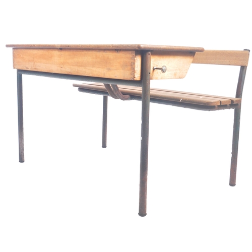 452 - A matching pair of retro vintage mid 20th Century French school desk benches with each comprising of... 