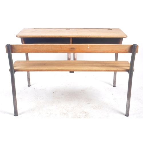 452 - A matching pair of retro vintage mid 20th Century French school desk benches with each comprising of... 