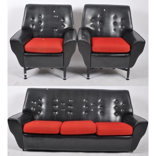 470 - A retro mid 20th Century three piece suite comprising of a three seater sofa settee and matching pai... 