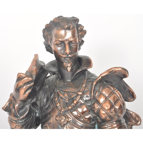 487 - A retro vintage 20th Century copper effect figure of medieval soldier in full armour raised on a dec... 