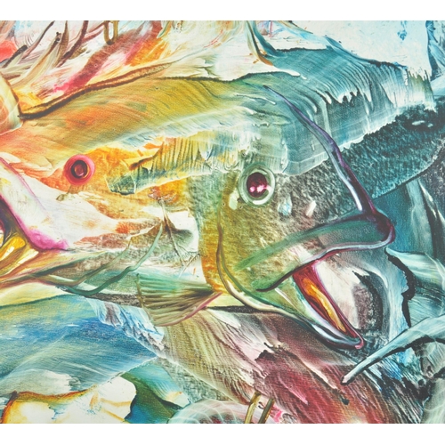 491 - A large Contemporary 2005 Cuban artist lacquered oil on canvas painting depicting stylized fish. Uns... 