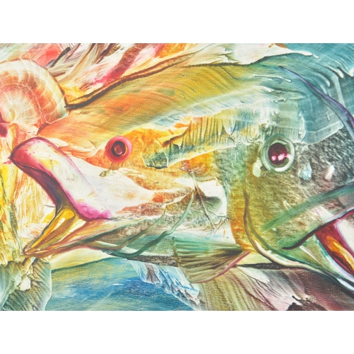 491 - A large Contemporary 2005 Cuban artist lacquered oil on canvas painting depicting stylized fish. Uns... 