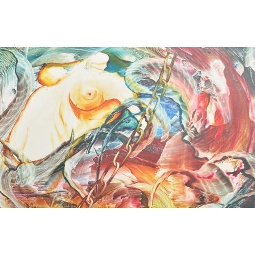 491 - A large Contemporary 2005 Cuban artist lacquered oil on canvas painting depicting stylized fish. Uns... 