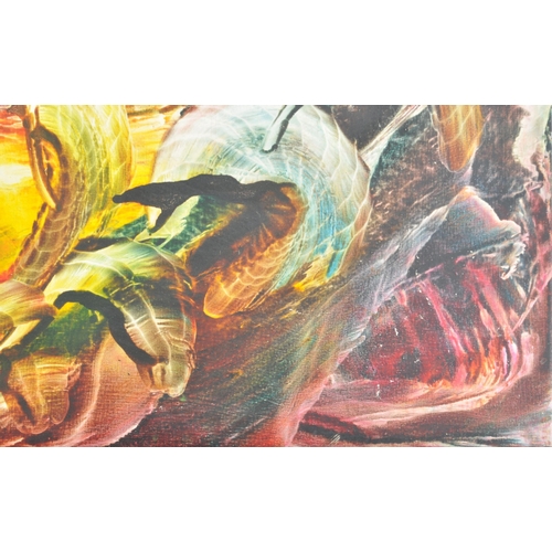 491 - A large Contemporary 2005 Cuban artist lacquered oil on canvas painting depicting stylized fish. Uns... 