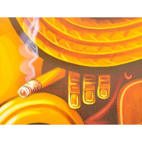 492 - A Contemporary 2004 Cuban artist oil on canvas painting depicting a stylized musician. Signed and da... 