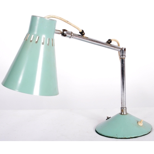 517 - A retro mid 20th Century French adjustable desk / table lamp light having a light blue conical shade... 