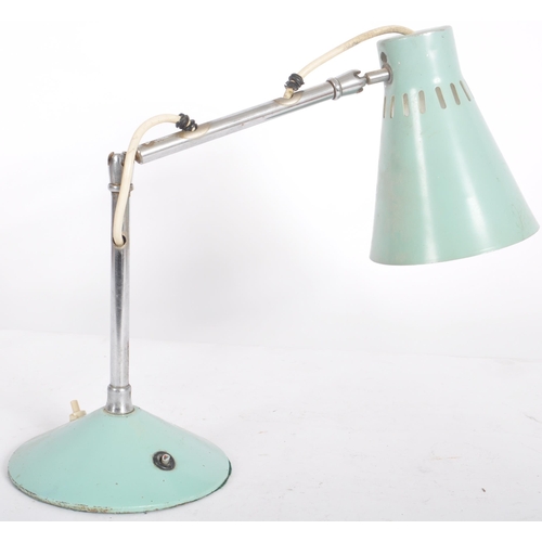 517 - A retro mid 20th Century French adjustable desk / table lamp light having a light blue conical shade... 