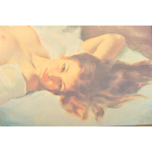 529 - Earl Moran (b. 1893-1984) - A retro mid 20th Century portrait print on board depicting a reclining n... 