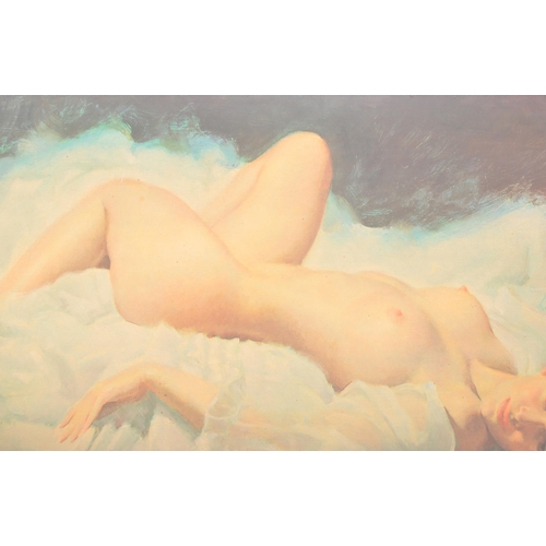 529 - Earl Moran (b. 1893-1984) - A retro mid 20th Century portrait print on board depicting a reclining n... 