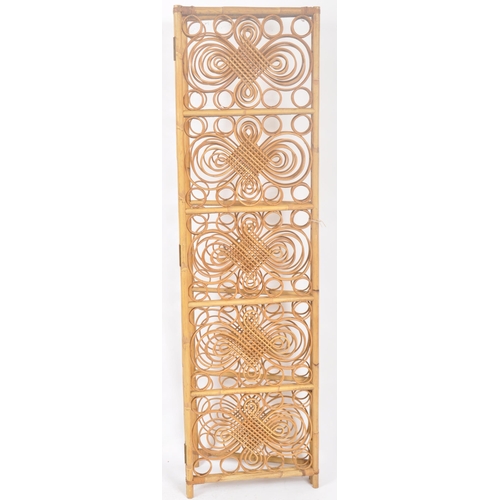 56 - A retro mid 20th Century bamboo and cane three section room divider screen having worked bamboo pane... 