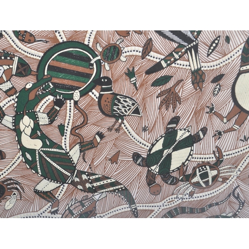 591 - A 20th Century Australian Aboriginal textile embroidered panel entitled the Watering Place Australia... 