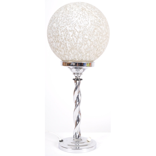 8 - An early 20th Century Art Deco chrome and glass table lamp light having a mottled glass ball shade r... 