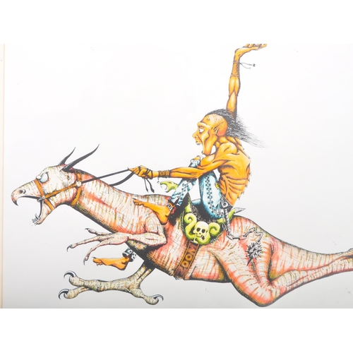 81 - Ian Brindle (Flez) - A 20th Century 1980s signed print featuring a stylized figure riding upon a myt... 