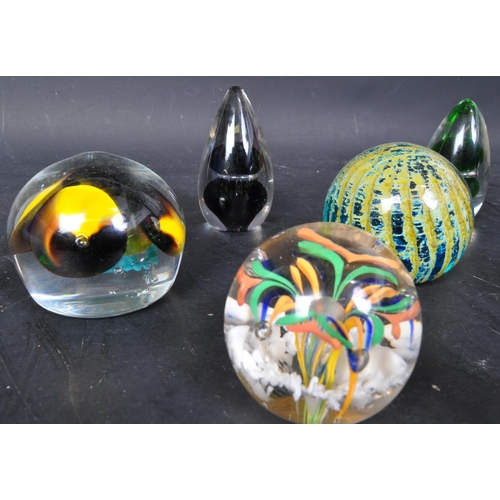 13 - A collection of vintage retro 20th Century glass paperweights. Including Mdina weight, millefiori pa... 