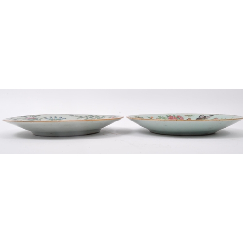 143 - Two 19th century Chinese porcelain plates. Each having a duck egg blue ground with hand painted Cant... 