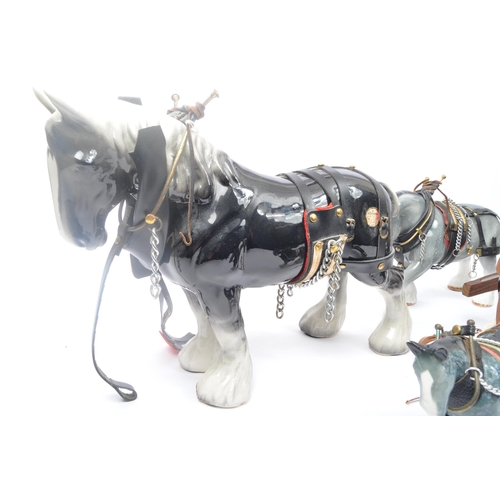 152 - A collection of four china porcelain horses with wood and metal cart. Four horses with harnesses inc... 