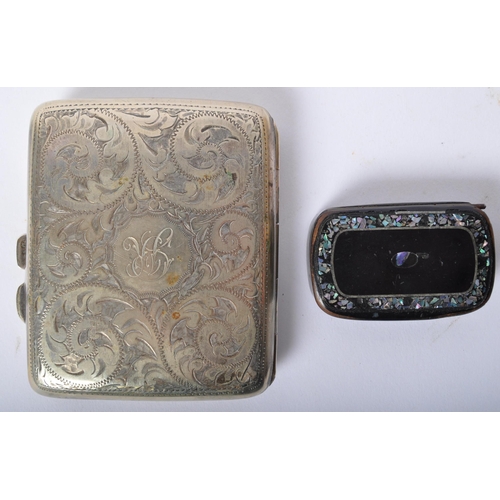 253 - A 19th century Papier Mache snuff box of rectangular form with abalone set detailing together with a... 