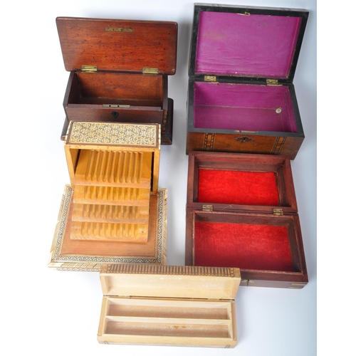 256 - An assortment of vintage 20th century wooden inlaid jewellery carillon / cigarettes boxes. The lot t... 