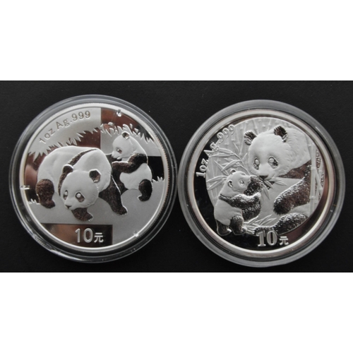 523 - CHINA. Two 1oz 999 fine silver 10 Yuan coins. The lot comprising of a 2005 & 2008 Panda silver coins... 