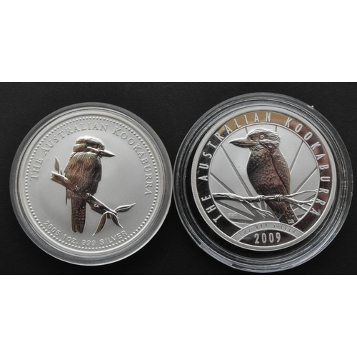 524 - AUSTRALIA. Two 1oz 999 silver $1 dollar coins. The lot to include a 2005 & 2009 Australian Kookaburr... 