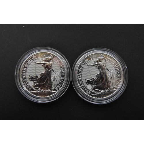 533 - UNITED KINGDOM. Two 2021 1oz 999 silver £2 pounds Britannia bullion coins. Each having a Queen Eliza... 