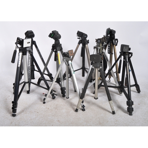 315 - A mixed collection of tripods. Models are: Aico Model CT-23B, unbranded, Velbon S, Vanguard VT-910, ... 