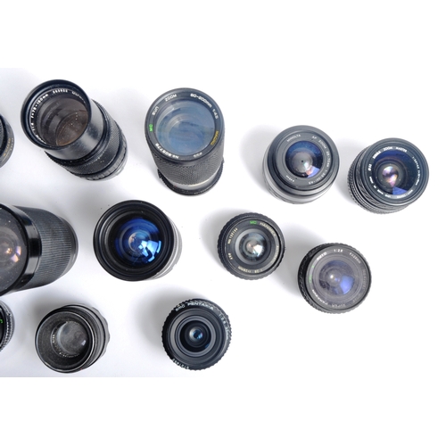 321 - A mixed collection of 14 x camera lenses. Models are: Soligor 400mm f 6.3, Super Danubia 37-105mm f3... 