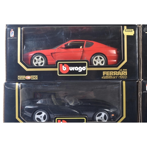 383 - A collection of x8 Burago / Bburago 1/18 scale boxed diecast model cars. Examples to include; Dodge ... 